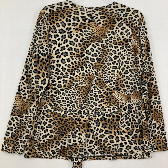 Clara Sun Woo Medium Black Brown Leopard Print Ruffle Detail V neck Stretch Top - Picture 9 of 10